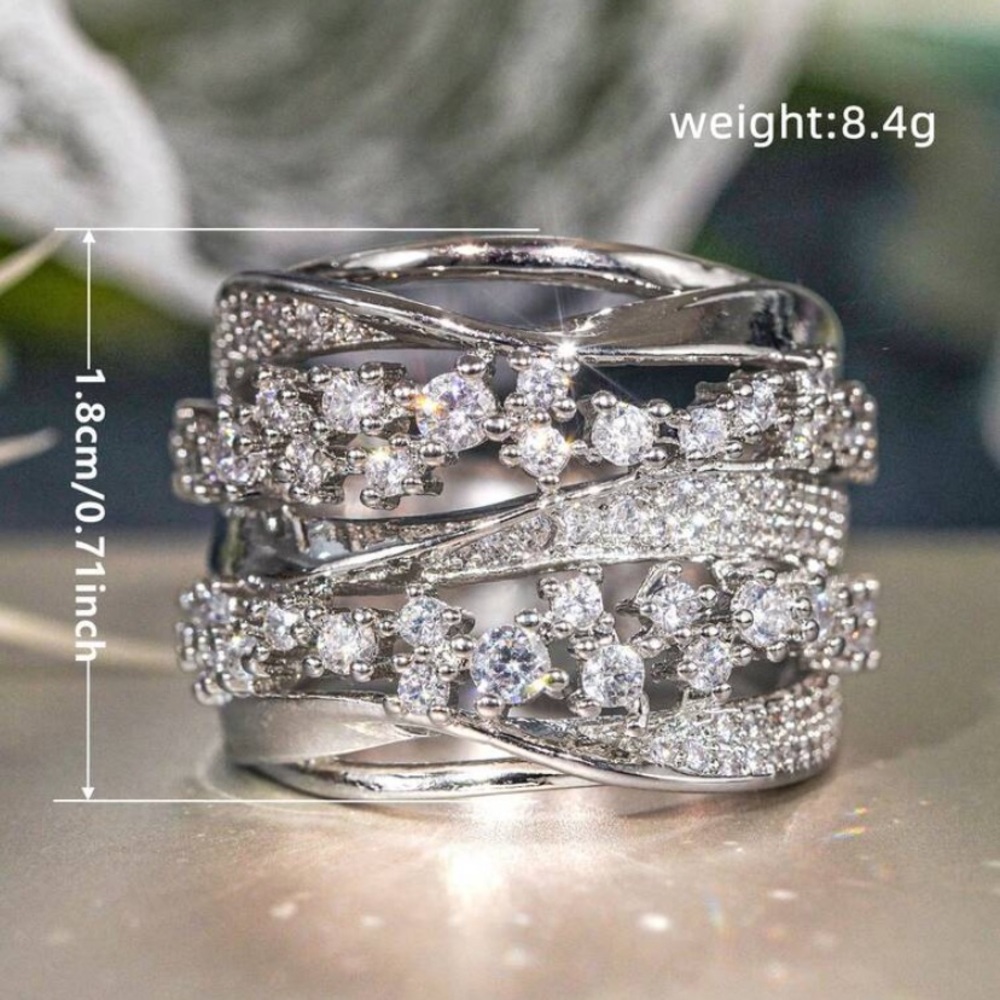Luxury Multi-Row Pave Cubic Zirconia Wide Band Statement/Cocktail Ring - Picture 4 of 6